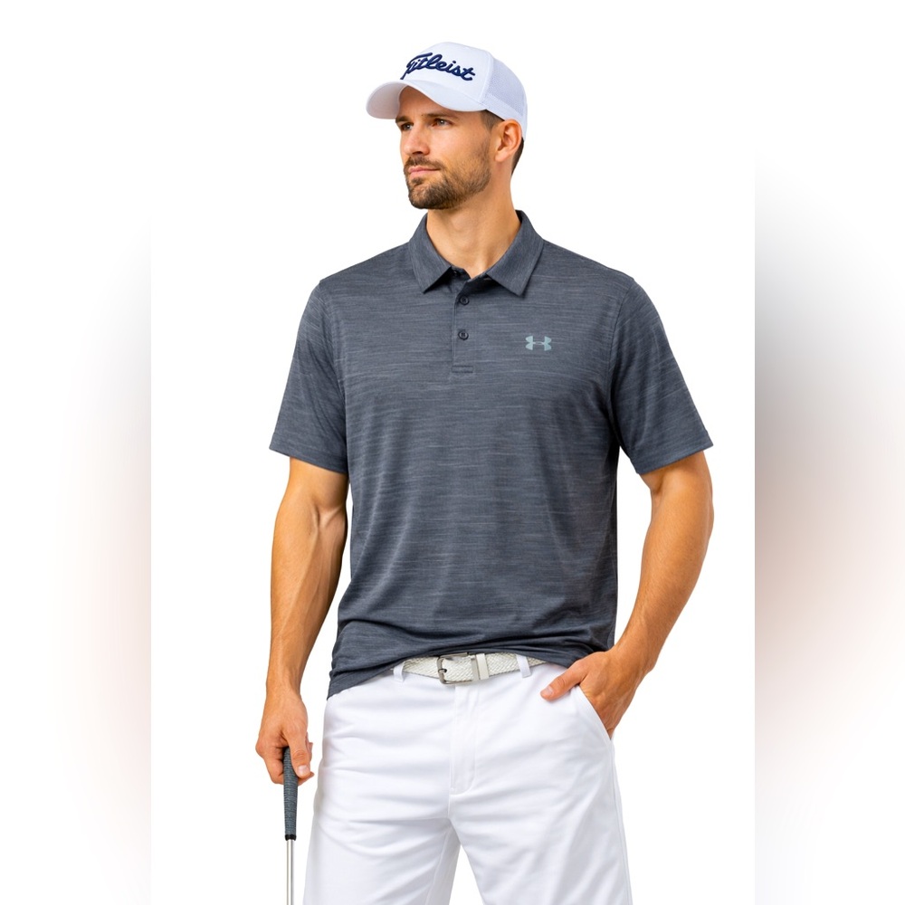 Under Armour HeatGear Polo Shirt Men Medium Gray Striped Golf Athletic